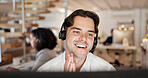 Happy man, headset and advice with computer at call center, insight and review at insurance company. Person, broker or consultant with voip, solution or customer service at risk management agency
