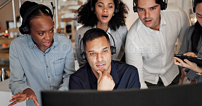Buy stock photo Call center, help and team of people on computer for contact us, online consulting and feedback.Training, collaboration and workers on pc with advice for crm, customer support and service in office