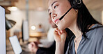 Computer, headset and woman with customer support in call center for help desk, CRM and contact us. Coworking, asian person and PC with mic for online assistance, inbound client query and consultant