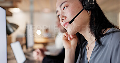 Buy stock photo Computer, headset and woman with customer support in call center for help desk, CRM and contact us. Coworking, asian person and PC with mic for online assistance, inbound client query and consultant