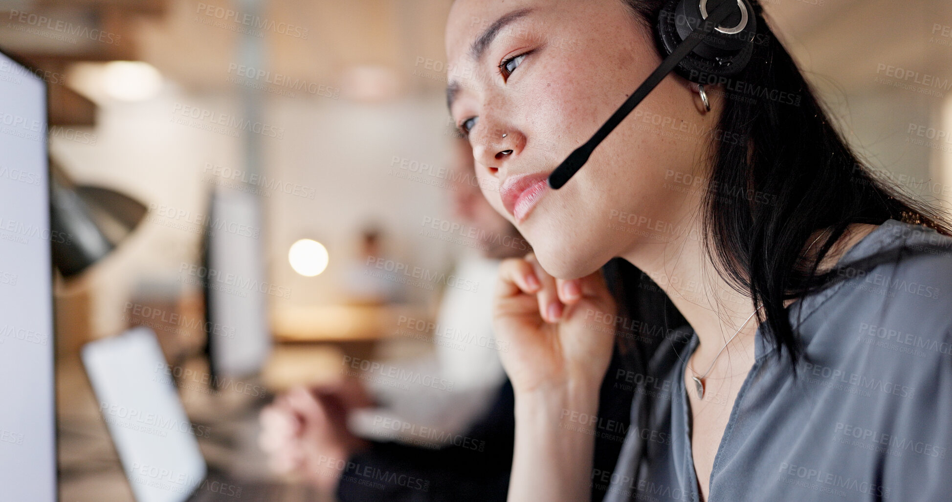 Buy stock photo Computer, headset and woman with customer support in call center for help desk, CRM and contact us. Coworking, asian person and PC with mic for online assistance, inbound client query and consultant