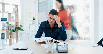 Buy stock photo Stress, anxiety and man in busy office with headache, note or time management crisis. Mental health, chaos and business person with document, paperwork and burnout or overwhelmed at creative startup