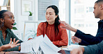Angry, business and people arguing in meeting with conflict, disagreement and performance criticism. Upset, team and shouting for paperwork mistake, policy misunderstanding and communication issues