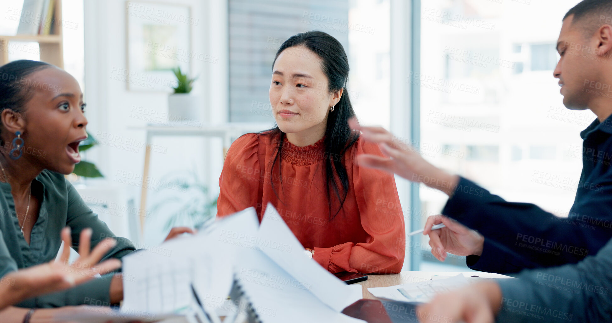 Buy stock photo Angry, business and people arguing in meeting with conflict, disagreement and performance criticism. Upset, team and shouting for paperwork mistake, policy misunderstanding and communication issues