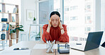 Headache, laptop and businesswoman in office with stress, fatigue or burnout for legal case. Tired, Asian person and female attorney with migraine for email on litigation procedure in workplace.
