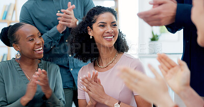 Buy stock photo Clapping hands, winning and business woman in celebration, meeting or teamwork together at office. Group of employees applause in success for team goals, achievement or company promotion at workplace