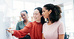 Meeting, whiteboard and writing with business women in office for planning or schedule. Agenda, brainstorming and diversity with employee people in workplace for calendar, development or timetable