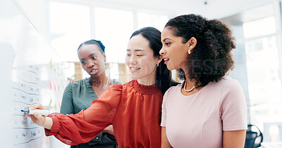 Buy stock photo Meeting, whiteboard and writing with business women in office for planning or schedule. Agenda, brainstorming and diversity with employee people in workplace for calendar, development or timetable