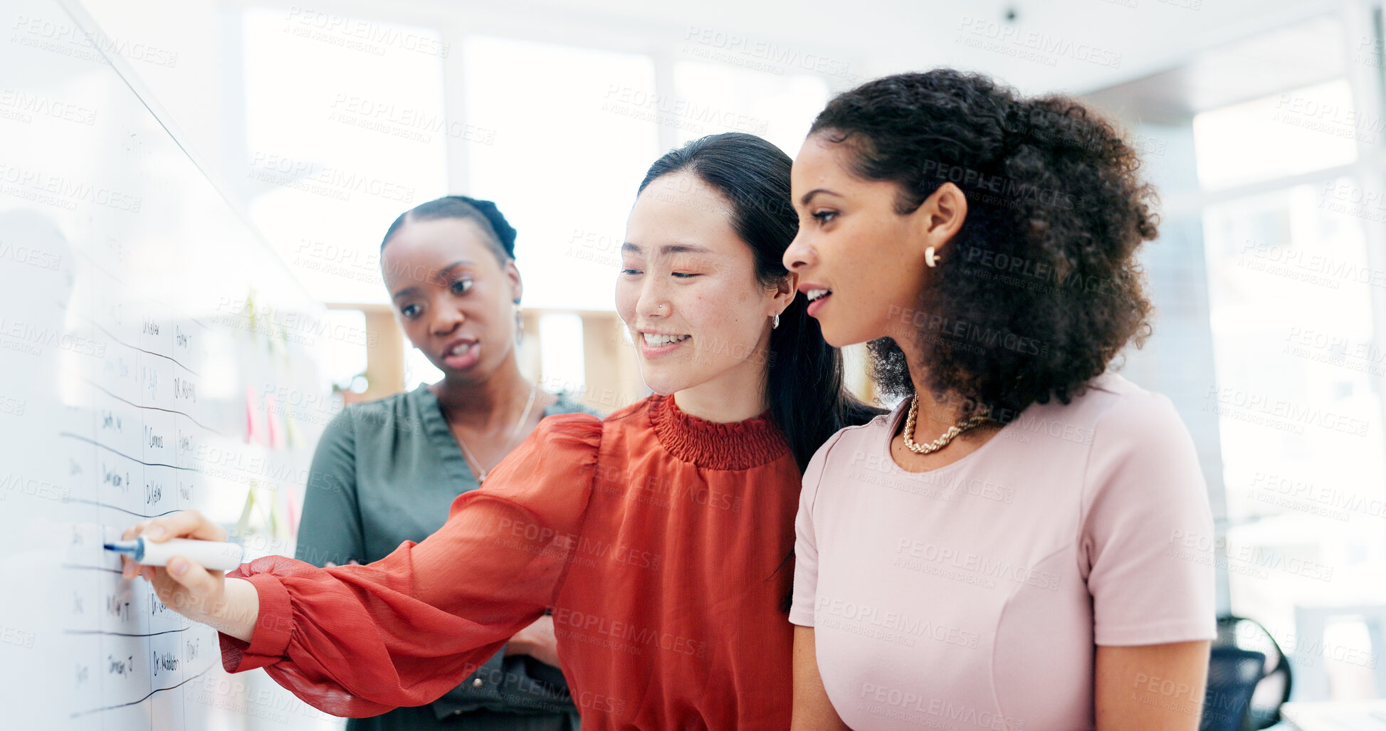 Buy stock photo Meeting, whiteboard and writing with business women in office for planning or schedule. Agenda, brainstorming and diversity with employee people in workplace for calendar, development or timetable