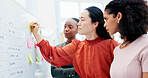 Women, writing and whiteboard with sticky notes for planning, project strategy or tasks in office. Creative, female people or employees with team ideas for company schedule, agenda or brainstorming