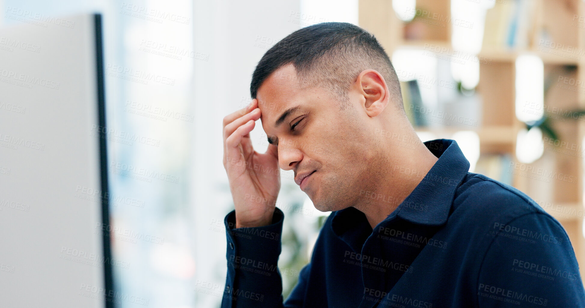Buy stock photo Headache, computer and businessman in office with stress, fatigue or burnout for legal case. Tired, law career and male attorney with migraine for online email on litigation procedure in workplace.