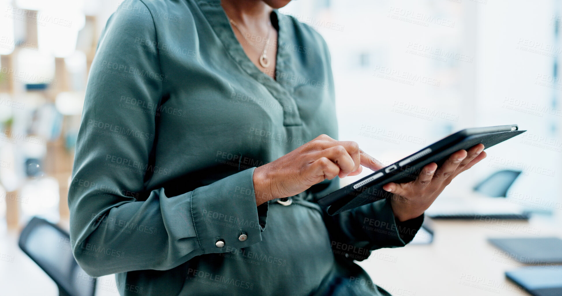 Buy stock photo Hands, business and woman with tablet in office for research, editing draft and update story. Editor, scroll and digital for proofreading, email source and copywriting report for article publication