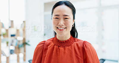 Buy stock photo Happy, business and portrait of Asian woman in office for creative startup, about us and confidence. Space, professional and person with pride for marketing agency, opportunity and career growth