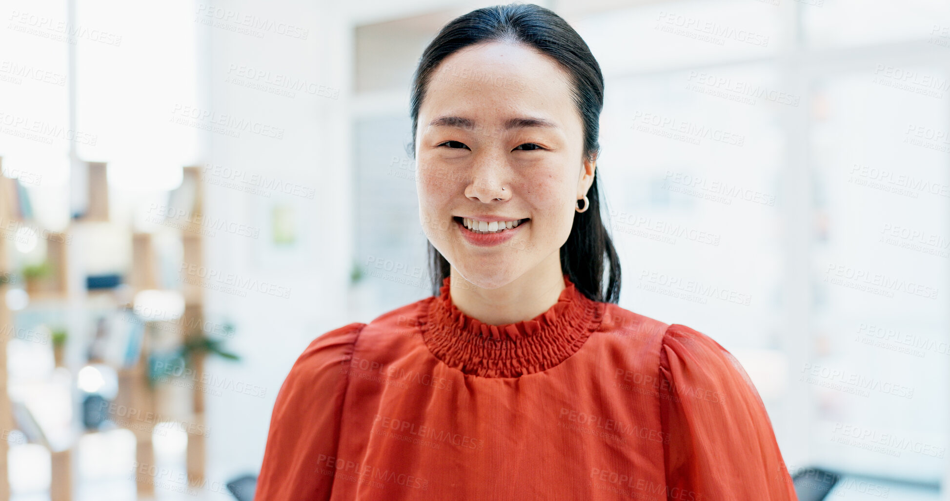 Buy stock photo Happy, business and portrait of Asian woman in office for creative startup, about us and confidence. Space, professional and person with pride for marketing agency, opportunity and career growth