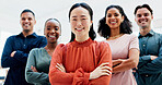 Crossed arms, smile and portrait of business people in office with confidence for creative career. Support, leadership and team of magazine editors with pride for startup about us in workplace.