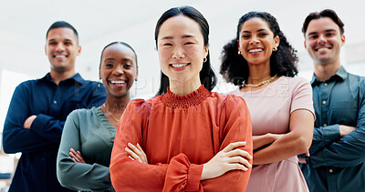 Buy stock photo Crossed arms, smile and portrait of business people in office with confidence for creative career. Support, leadership and team of magazine editors with pride for startup about us in workplace.