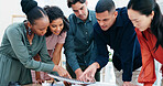 Documents, meeting and planning with team for business strategy, briefing or schedule in office. Group, employees or creative people with paperwork for project discussion, ideas or brainstorming