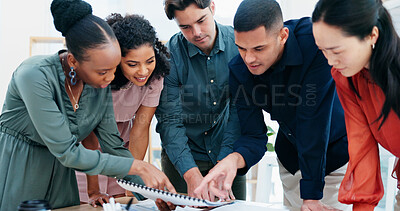 Buy stock photo Documents, meeting and planning with team for business strategy, briefing or schedule in office. Group, employees or creative people with paperwork for project discussion, ideas or brainstorming