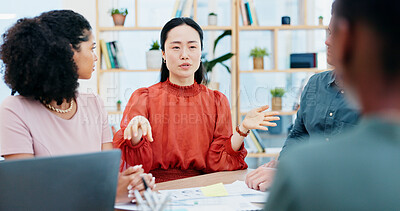 Buy stock photo Meeting, laptop and business people in office with documents for planning creative project. Discussion, paperwork and magazine editors with article for publishing in collaboration at workplace.