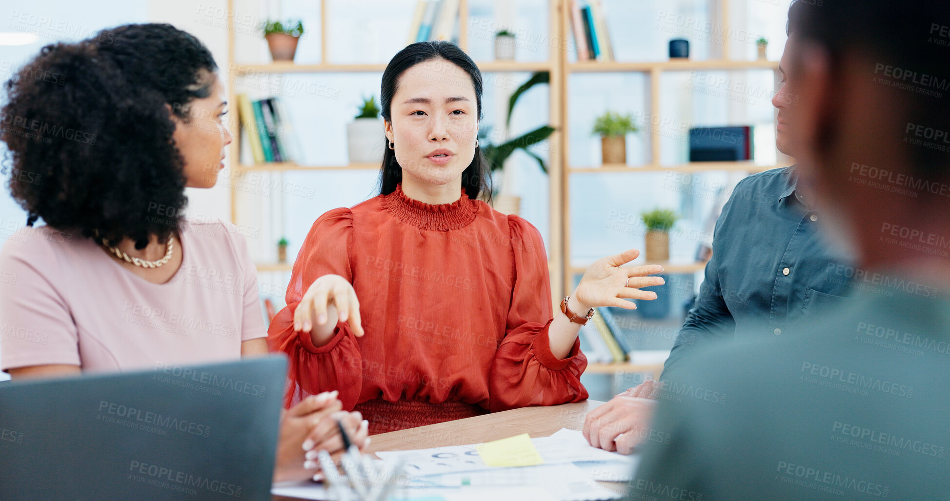 Buy stock photo Meeting, laptop and business people in office with documents for planning creative project. Discussion, paperwork and magazine editors with article for publishing in collaboration at workplace.