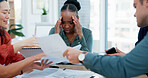 Stress, anxiety and woman in busy office with headache, paperwork or time management crisis. Mental health, chaos and business people with document, burnout and overwhelmed at creative startup