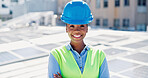 Portrait, woman and arms crossed outdoor with solar panel, smile and technician for renewable energy. Confident, black person and engineer on rooftop with photovoltaic system, sustainability and PPE.