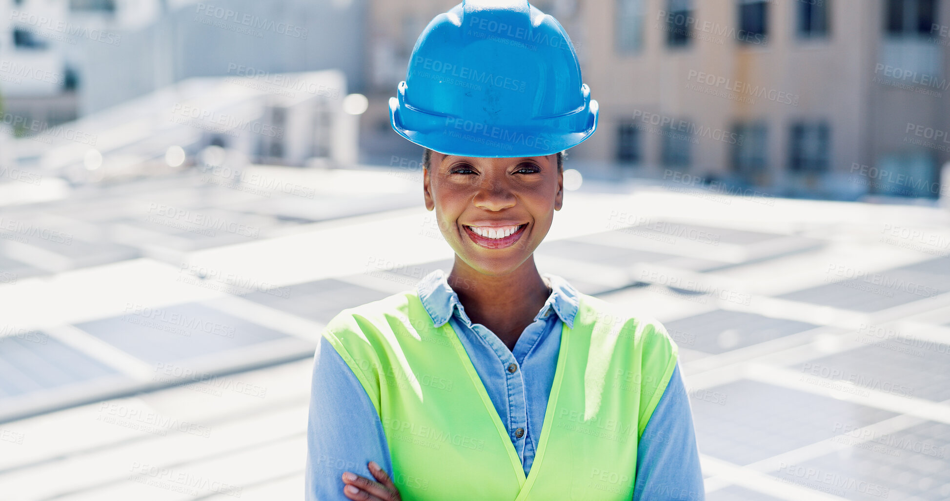 Buy stock photo Portrait, woman and arms crossed outdoor with solar panel, smile and technician for renewable energy. Confident, black person and engineer on rooftop with photovoltaic system, sustainability and PPE.