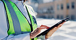 Woman, hands and tablet outdoor with solar panel inspection, report or technician for renewable energy. Engineer, person and scroll on rooftop with tech, photovoltaic system or sustainability project