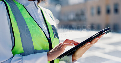 Buy stock photo Woman, hands and tablet outdoor with solar panel inspection, report or technician for renewable energy. Engineer, person and scroll on rooftop with tech, photovoltaic system or sustainability project