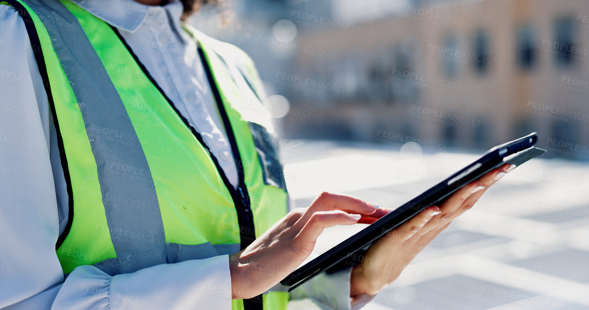 Buy stock photo Woman, hands and tablet outdoor with solar panel inspection, report or technician for renewable energy. Engineer, person and scroll on rooftop with tech, photovoltaic system or sustainability project