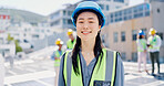 Smile, woman and portrait of contractor by solar panels on rooftop with confidence for sustainable career. Leadership, Asian person and female environmental manager by photovoltaic cells with pride.