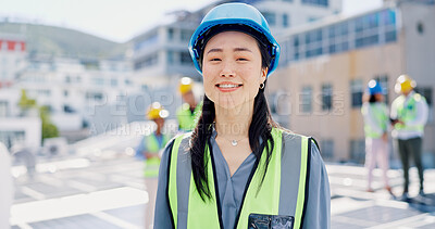Buy stock photo Smile, woman and portrait of contractor by solar panels on rooftop with confidence for sustainable career. Leadership, Asian person and female environmental manager by photovoltaic cells with pride.