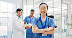 Crossed arms, nurse and portrait of woman in hospital for medical support, health service and team. Healthcare, lobby and person with confidence, pride and about us for career, job and opportunity