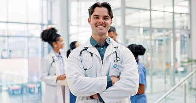 Buy stock photo Crossed arms, doctor and portrait of man in hospital for medical support, health service and help. Healthcare, clinic and person with confidence, pride and about us for career, job and opportunity
