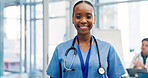 Meeting, nurse and portrait of woman in hospital for medical support, health service and teamwork. Healthcare, clinic and person with confidence, pride and about us for career, job and surgery plan