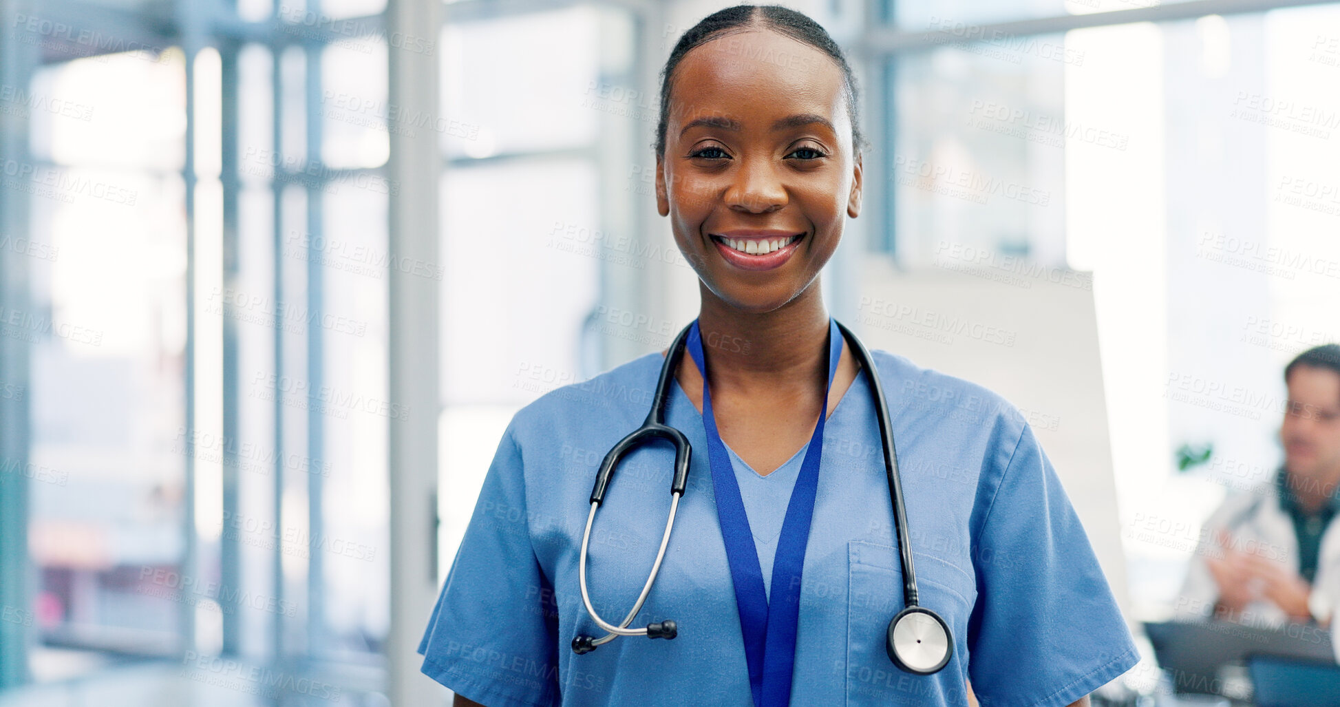 Buy stock photo Meeting, nurse and portrait of woman in hospital for medical support, health service and teamwork. Healthcare, clinic and person with confidence, pride and about us for career, job and surgery plan