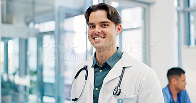 Buy stock photo Happy, man and portrait of doctor in hospital with confidence for career in medical service. Smile, professional and male cardiologist with pride for about us with healthcare help at clinic in Canada