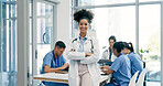 Woman, meeting and portrait of happy doctor in hospital for medical support, leader and help. Healthcare, clinic and person with confidence, pride and arms crossed for career, job or surgery plan