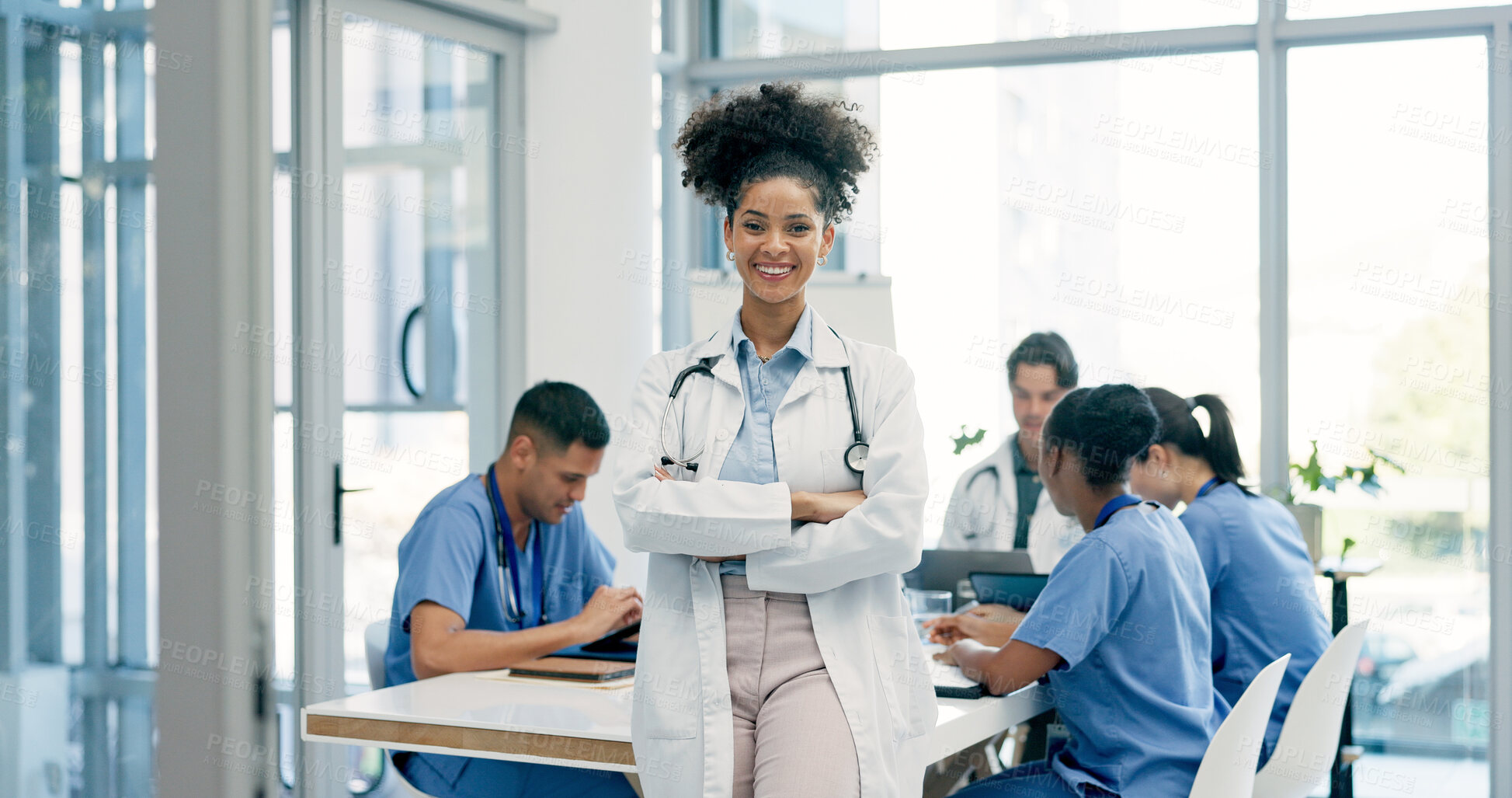 Buy stock photo Woman, meeting and portrait of happy doctor in hospital for medical support, leader and help. Healthcare, clinic and person with confidence, pride and arms crossed for career, job or surgery plan