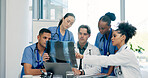 Doctor, nurse and x ray in hospital with discussion, laptop or medical research for disease diagnosis. Healthcare worker, people and conversation with bones scan, teamwork or advice for test results.