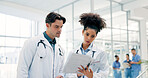 Doctor, team and discussion in hospital with folder, patient history and worry for medical diagnosis. Healthcare worker, people and check file in clinic with test results, concern or review document.