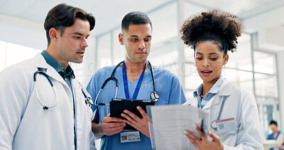 Buy stock photo Medical, team and discussion in hospital with file, patient history or tablet research for diagnosis. Healthcare worker, people and check folder in clinic with test results, tech and review document.