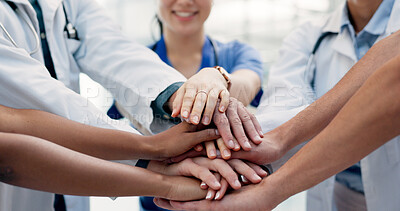 Buy stock photo Doctors, team or hand stack in hospital for collaboration, synergy or solidarity in healthcare. People, medical professional or circle in clinic for unity, cardiology workforce or support for service