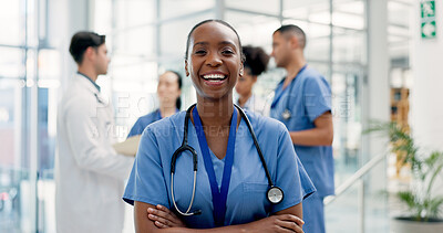 Buy stock photo Woman, meeting and portrait of happy nurse in hospital for medical support, wellness and help. Healthcare, clinic and person with confidence, laugh and arms crossed for career, job or surgery plan