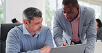 Manager, people and discussion in office with laptop, review report and advice for insurance premium. Management, men and talk in business with computer, check website and risk assessment for policy.