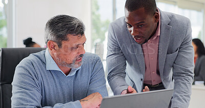 Buy stock photo Manager, people and discussion in office with laptop, review report and advice for insurance premium. Management, men and talk in business with computer, check website and risk assessment for policy.