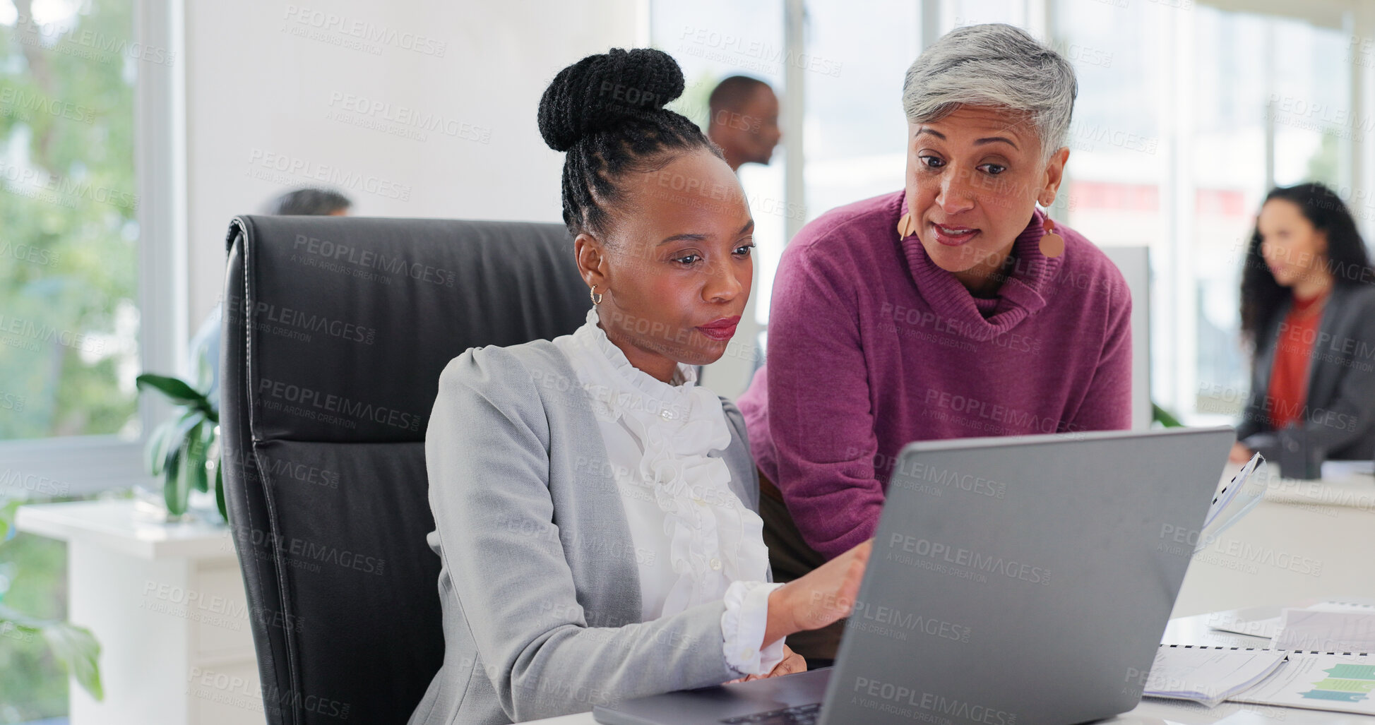 Buy stock photo Manager, people and advice in office with laptop, risk assessment and review for insurance premium. Management, women and talk in business with computer, teamwork and check website for policy claims.