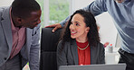 Meeting, talk and business people in office with laptop, collaboration and smile for audit feedback. Happy, team and discussion in firm with computer, insight and good news for financial accounting.