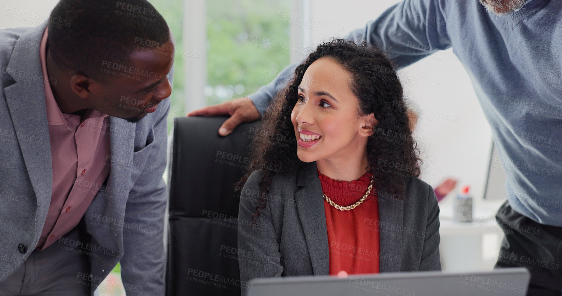 Buy stock photo Meeting, talk and business people in office with laptop, collaboration and smile for audit feedback. Happy, team and discussion in firm with computer, insight and good news for financial accounting.
