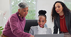 Laptop, meeting and teamwork with business women in office together for discussion or feedback. Collaboration, computer and serious with employee group in workplace for conversation or development